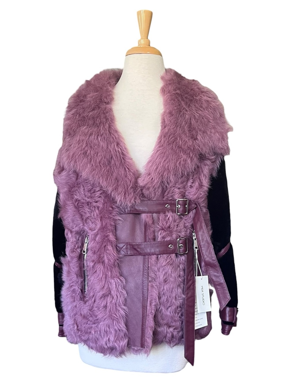 M&K Studio Plum Shearling Belted Leather-Trim Jacket NWT